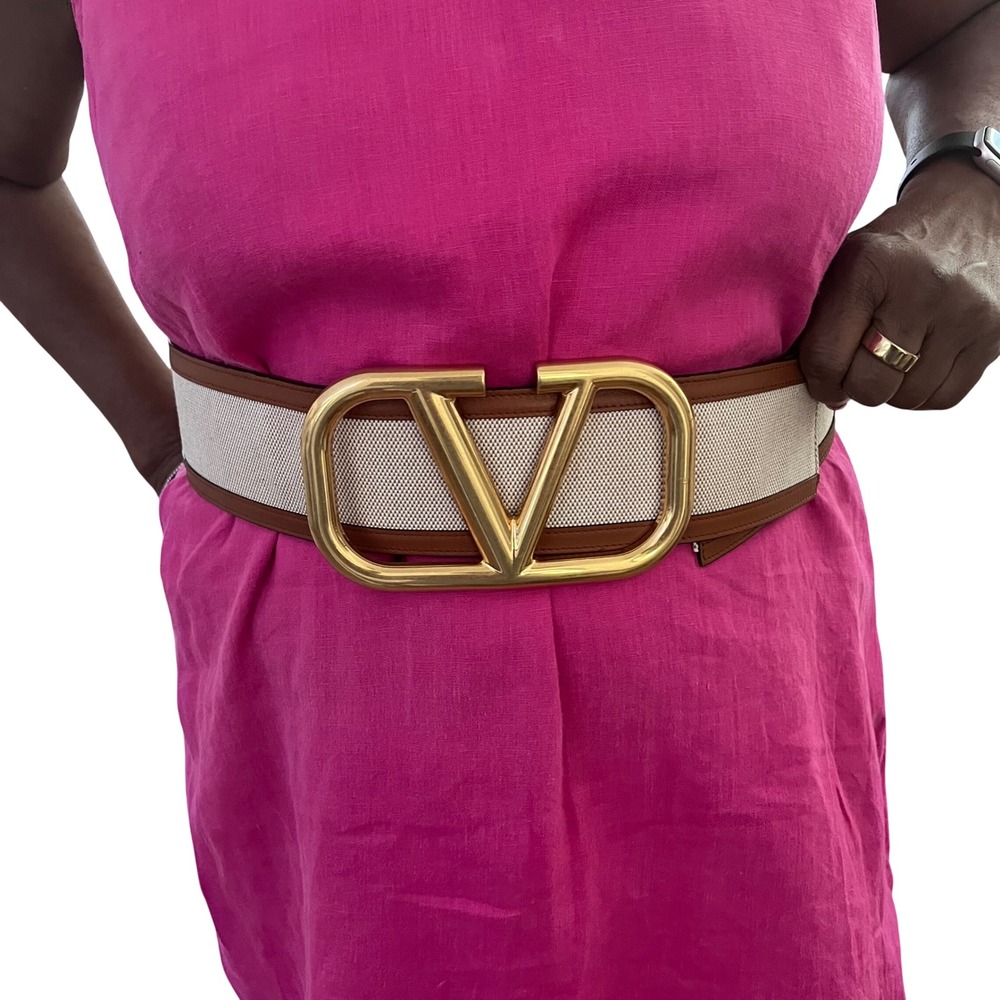 Valentino Garavani VLogo Signature Wide Canvas Leather Belt Gold Buckle Beige